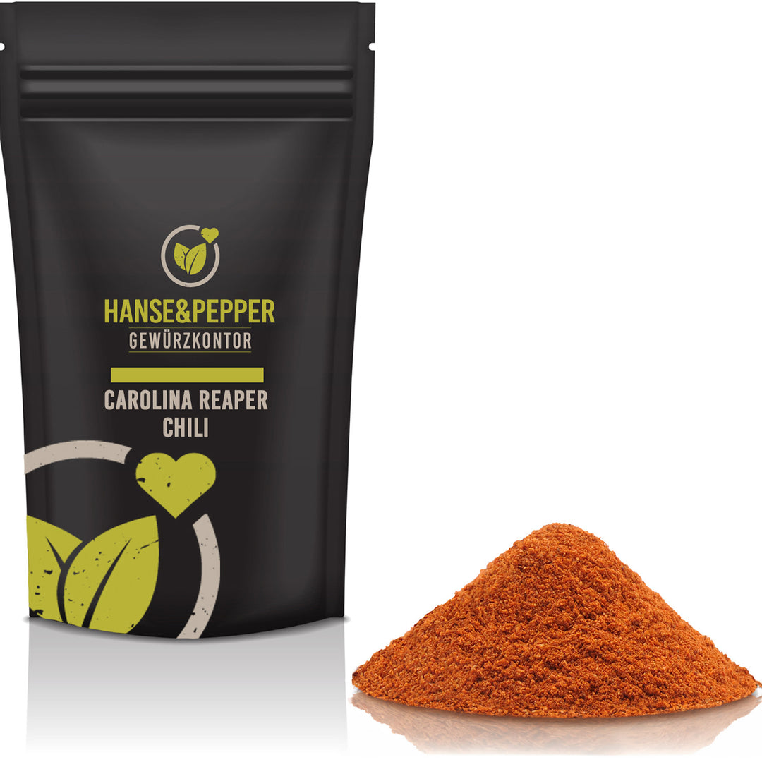 Produkttüte mit gemahlenem Carolina Reaper Chili.