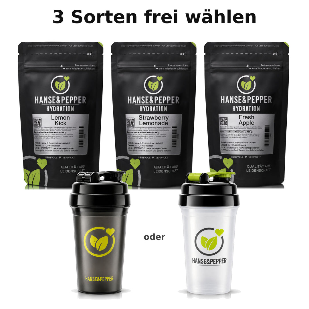 Hydration Starter-Bundle – 3 × 90 g frei wählen + Shaker