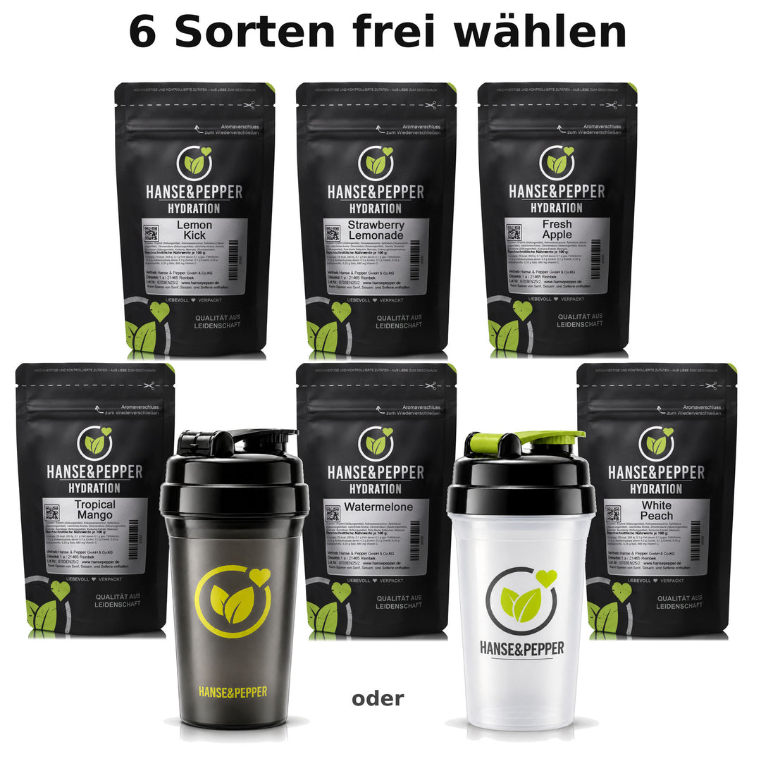 Hydration Vorrats-Bundle – 6 × 90 g frei wählen + Shaker