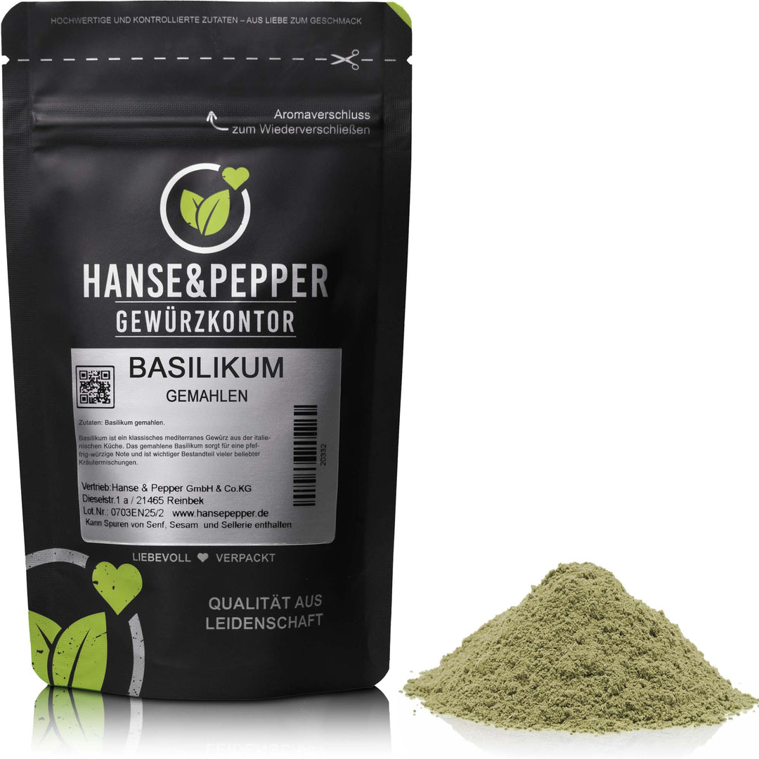 Produkttüte mit Basilikum gemahlen Gewürz