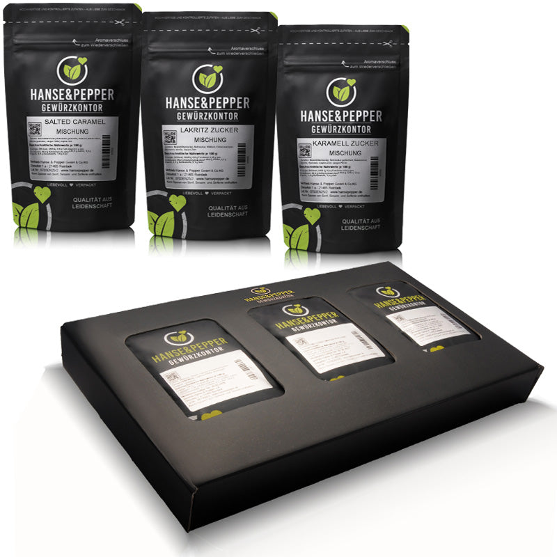 Süßes Topping Geschenk Box mit Salted Caramell, Lakritz Zucker und Karamell Zucker Mischung