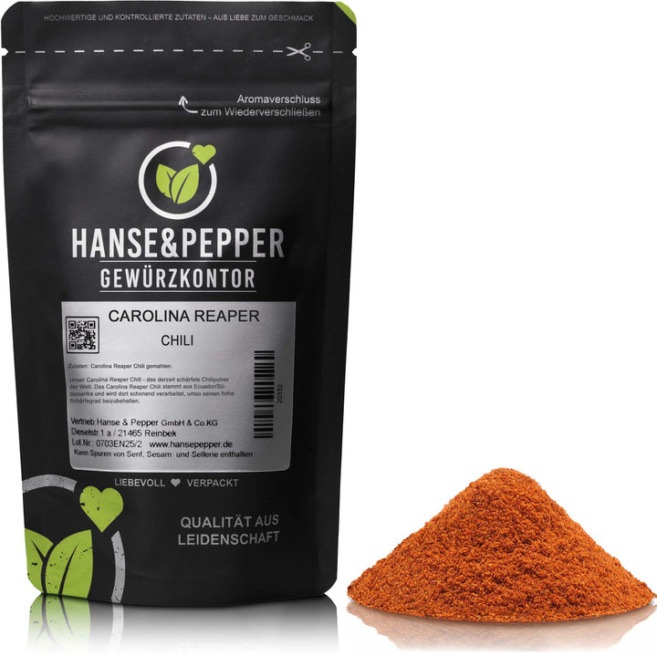 Produkttüte mit gemahlenem Carolina Reaper Chili
