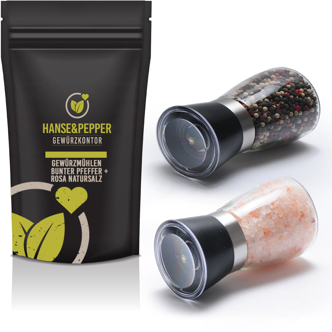 Gewürzmühlen Set 2er Pack gefüllt mit 90g Bunter Pfeffer und 200g Rosa Natursalz