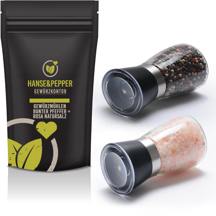 Gewürzmühlen Set 2er Pack gefüllt mit 90g Bunter Pfeffer und 200g Rosa Natursalz