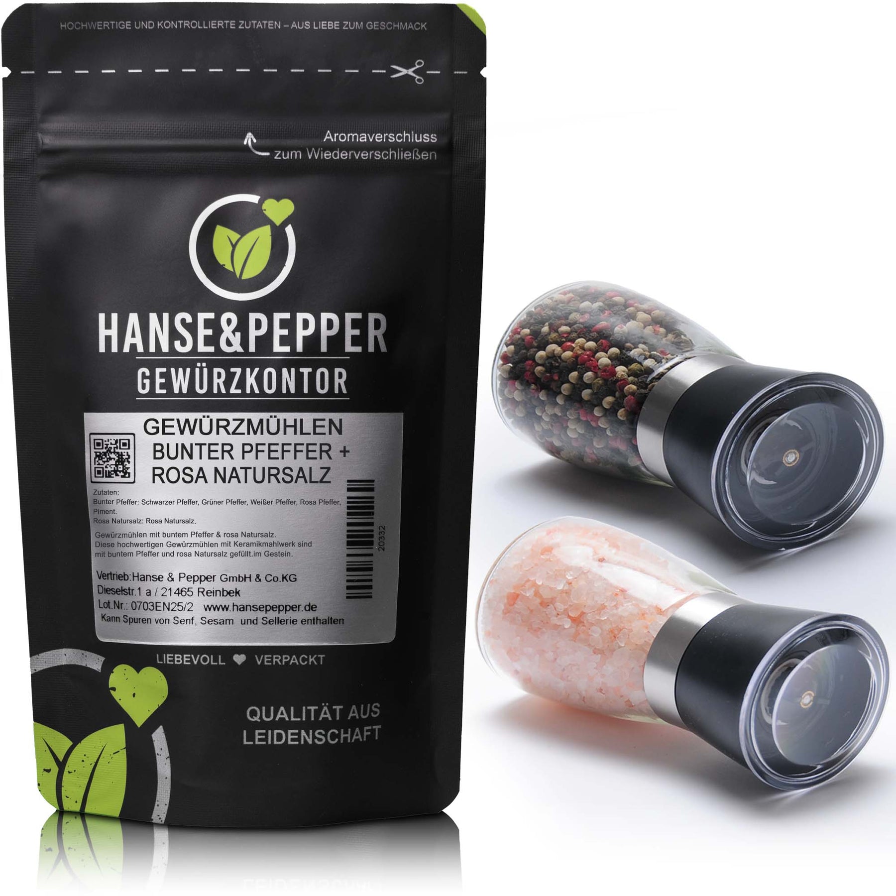 Gewürzmühlen Set 2er Pack gefüllt mit 90g Bunter Pfeffer und 200g Rosa – Hanse&Pepper