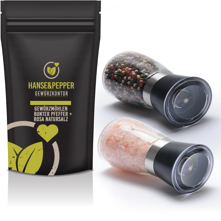 Gewürzmühlen Set 2er Pack gefüllt mit 90g Bunter Pfeffer und 200g Rosa Natursalz