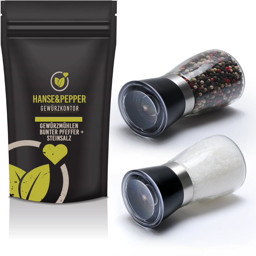 Gewürzmühlen Set 2er Pack gefüllt mit 90g Bunter Pfeffer und 210g Steinsalz