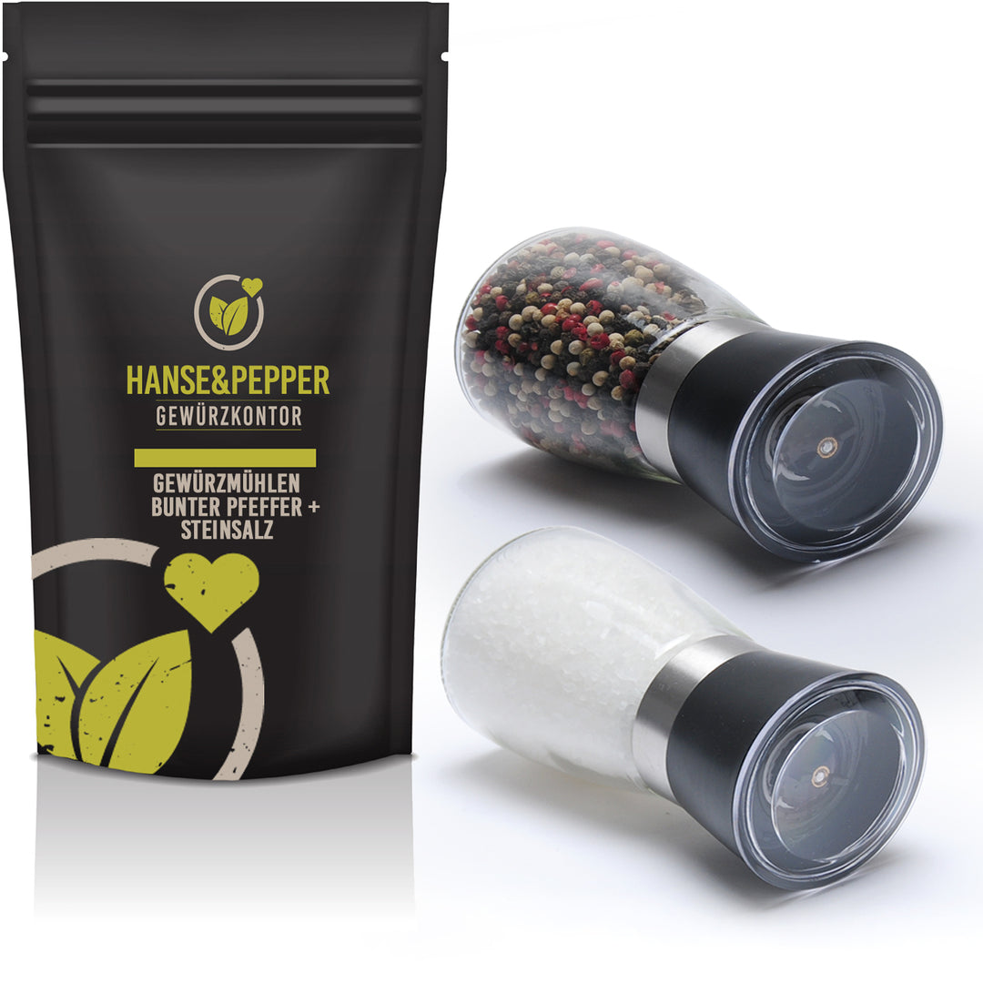 Gewürzmühlen Set 2er Pack gefüllt mit 90g Bunter Pfeffer und 210g Steinsalz