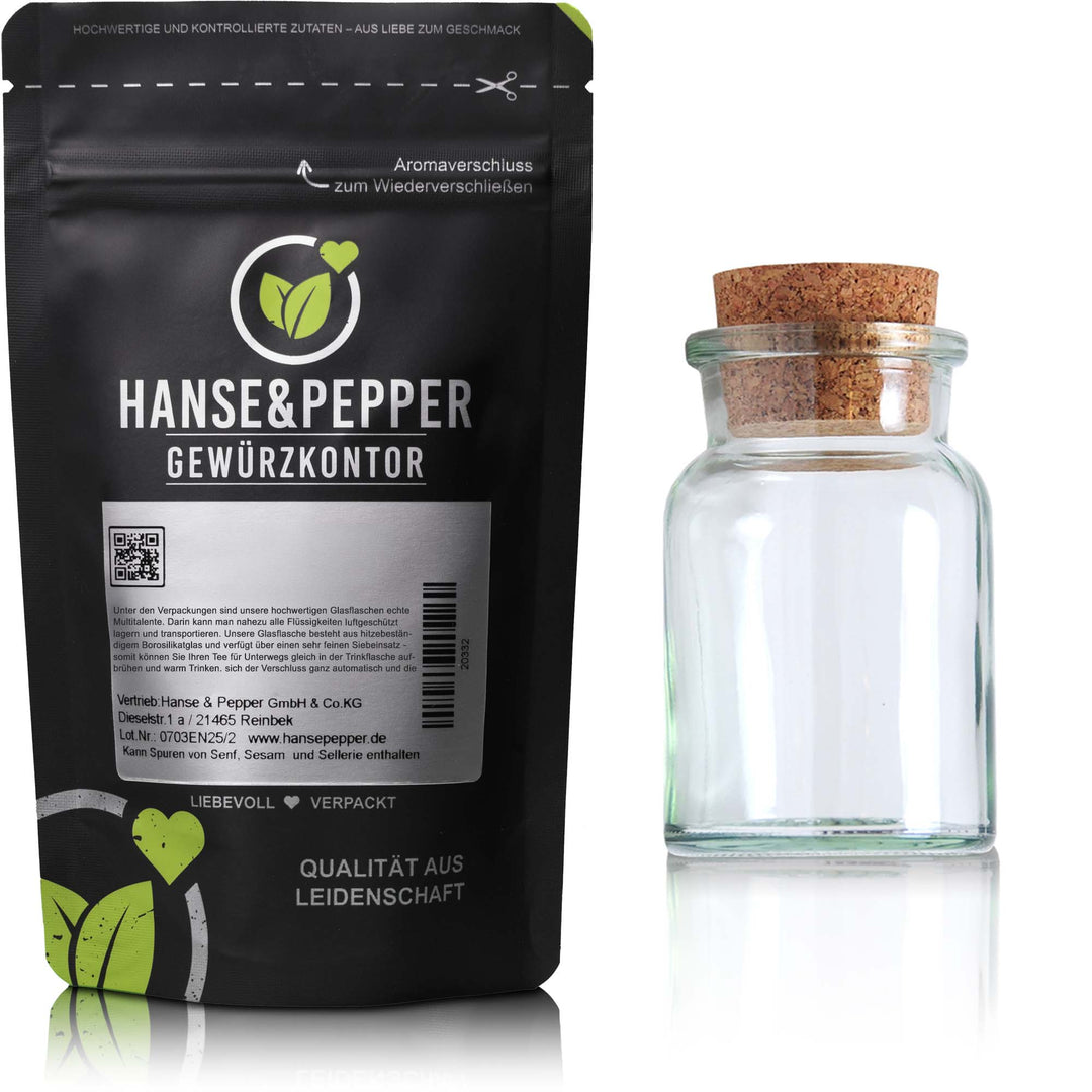 Leeres GewĂźrzglas 150ml mit Korken + Beschriftungsetikett â Hanse&Pepper