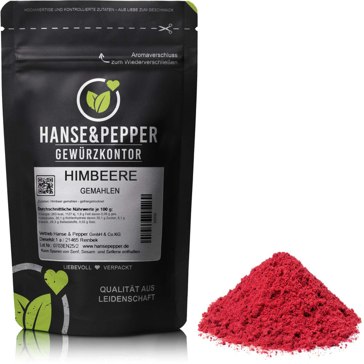 Produkttüte mit Himbeer Pulver