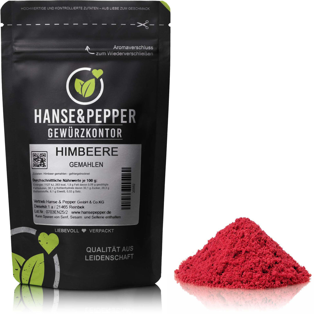 Produkttüte mit Himbeer Pulver