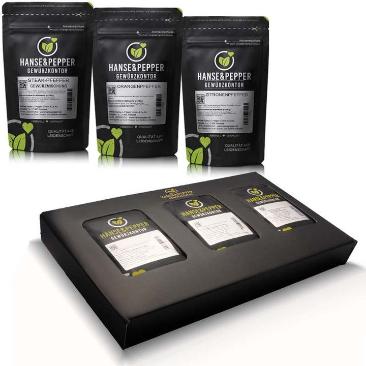 Pfeffermischung Gewürz Geschenk Box mit Steak-Pfeffer, Orangenpfeffer und Zitronenpfeffer