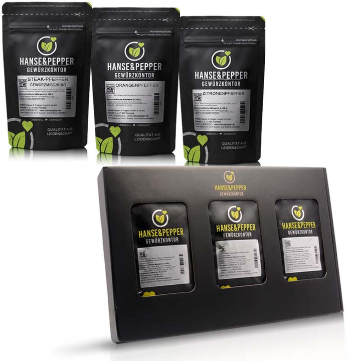 Pfeffermischung Gewürz Geschenk Box mit Steak-Pfeffer, Orangenpfeffer und Zitronenpfeffer