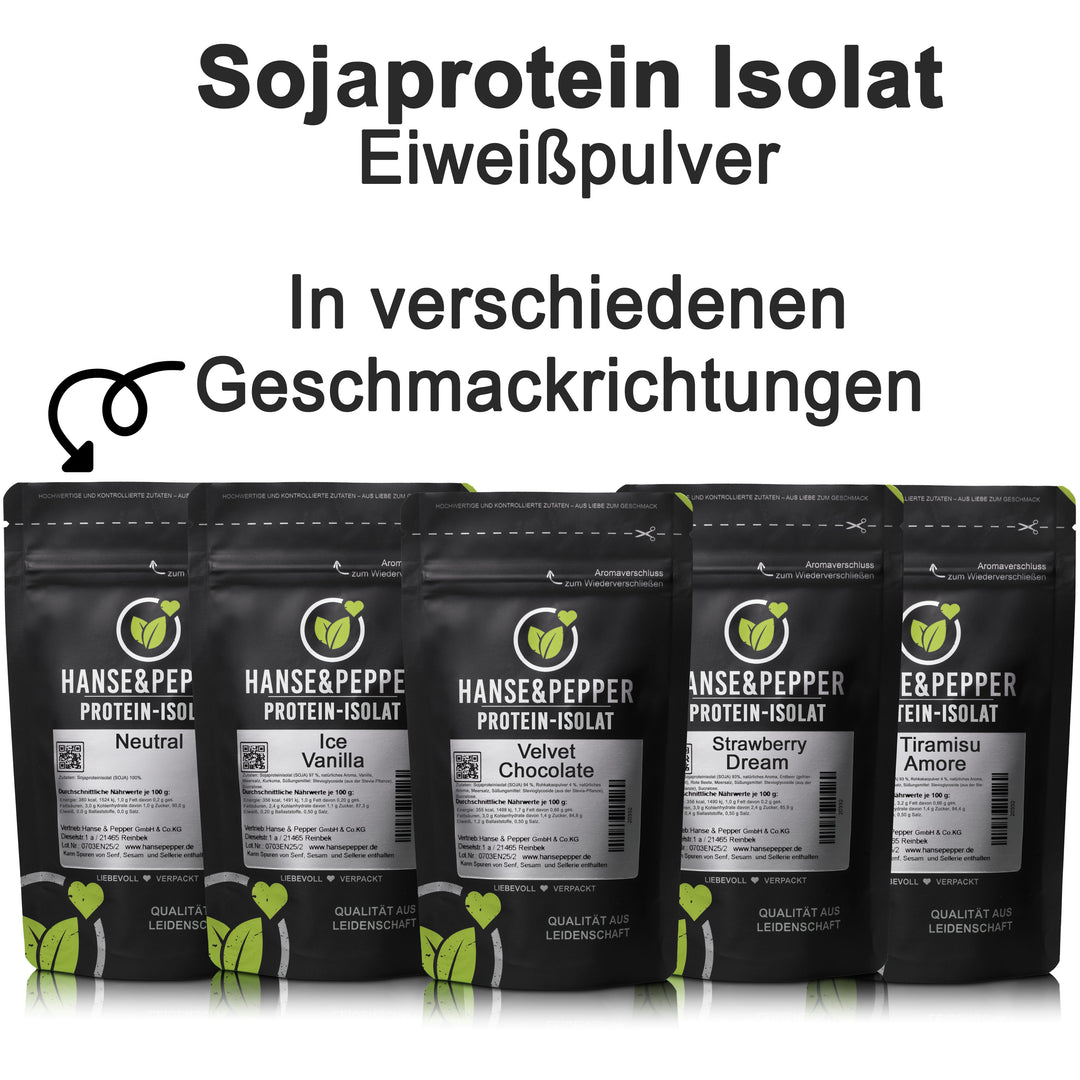 Sojaprotein Isolat in praktischen Tüten – verschiedene Geschmacksrichtungen