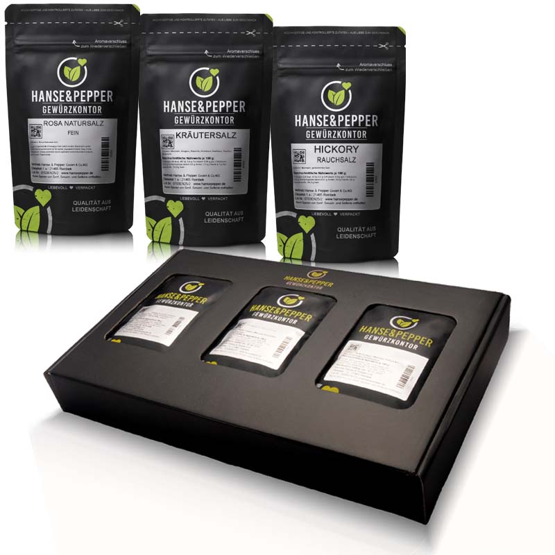 Geschenkbox mit Produkttüten, gefüllt mit feinem Rosa Natursalz, Kräutersalz und Hickory-Rauchsalz.