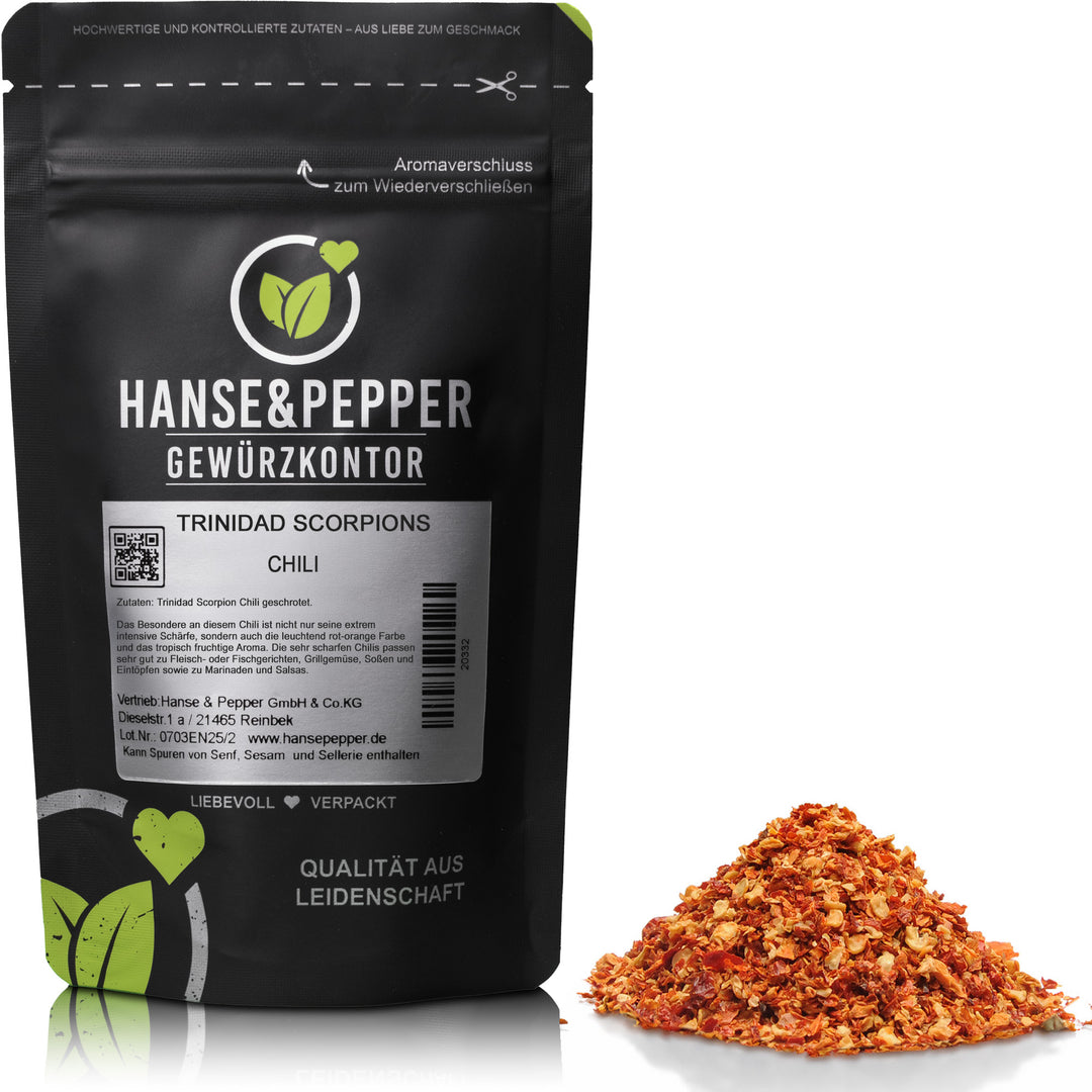 Produkttüte mit Trinidad Scorpion Chili geschrotet
